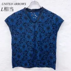 e4125 【ユナイテッドアローズ】花柄レースデザインカットソー 紺×黒 上品