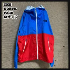 【ノースフェイス】ナイロンジャケット　ブルーレッド　刺繍　薄手バイカラーG1