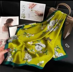 大判 スカーフ バックチャーム バッグスカーフヘアアクセ 花 蝶々 グリーン