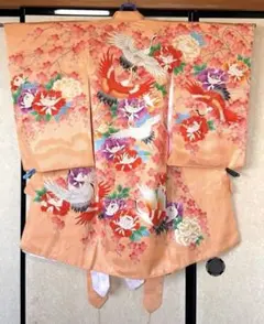 お宮参り　一つ身着物、長襦袢セット　女の子　サーモンピンク　金彩加工 お宮参り 一つ身着物、長襦袢セット 女の子 サーモンピンク 金彩加工