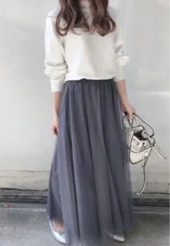 美品fifth グレー チュールロングスカート