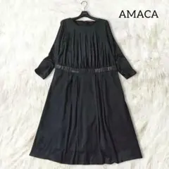 アマカ 上品 タック ワンピース 38 M ブラック フォーマル ひざ丈 光沢感のサムネイル