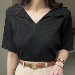 shein リブ素材 ブラック 半袖Tシャツ Vネック Dazy