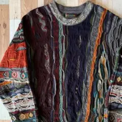 90s COOGI 3Dニット 総柄セーター 幾何学 柄ニット 希少配色 寒色
