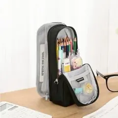 折りたたみ式筆箱　黒 スマホ立て対応 多機能収納 自立式　ペンケース　新学期のサムネイル
