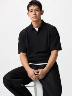 (新品) UNIQLOウォッシャブルニットポロセーター半袖 ブラック　XS