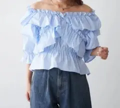 NICE CLAUP オフショルフリルブラウス シャーリング サックス