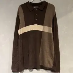 usa古着 perry ellis ブラウン コットン 長袖 ニット ポロシャツ