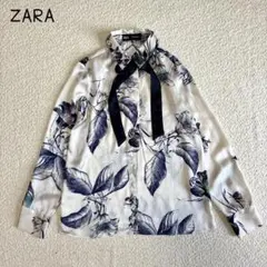 ザラ　ボウタイリボンブラウス(XS)ボタニカルフラワー　長袖　カジュアル　きれい