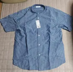 値下げ今期未販売　新品ユニクロコットンリネンスタンドカラーストライプ半袖シャツ