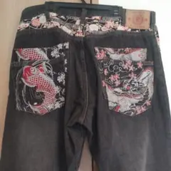 【豊天商店】 XL ブラックデニム 刺繍 龍 鯉 和柄