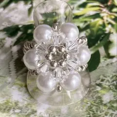 サイズオーダー　スワロフスキークリスタルとパールのリング