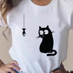 【人気】　猫　プリント　Tシャツ　カットソー　イラスト　XL　ホワイト　⑦