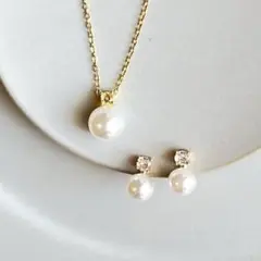 セット パール ダイヤ ネックレス イヤリング 1粒 ステンレス 新品 ゴールド