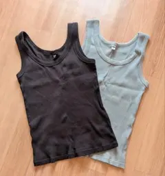 UNIQLO リブ タンクトップ 2枚セット ブラック LモスグリーンL