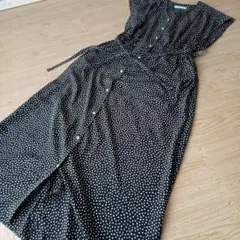 グリーンレーベルリラクシングブラックドットフレンチスリーブロングワンピース