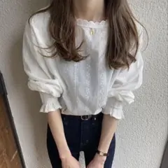 ブラウス　七分袖　花柄　フリル　刺繍 レディース トップス 韓国