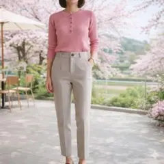 ニット × ヘリンボーンパンツ「大人きれいめセットコーデ」ピンク×ベージュ