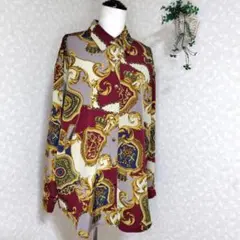 ​ヴィンテージ風 バロック調 総柄シャツ チェーン柄 金ボタン　レディース　F