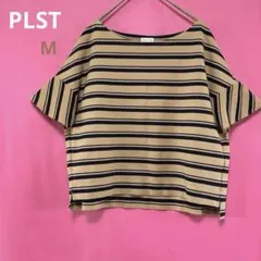 PLST（プラステ）ベージュボーダーボートネックカットソー袖口フレアスリーブ　Mのサムネイル