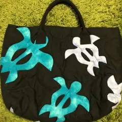 ハワイアンキルト ハンドメイド バック 黒×ブルー