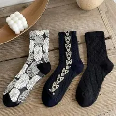 モノトーン　ソックス　靴下　レディース　レトロ　3足セット　花柄