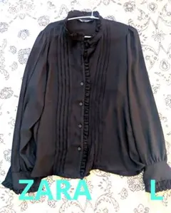 最終SALE ZARA L シアーフリルブラウス 長袖 ブラックのサムネイル