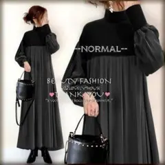 【～3L4L相当】ハイネック異素材プリーツロングワンピース*黒
