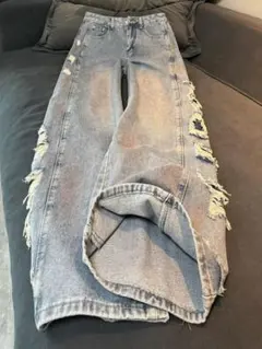 ダメージ加工 ワイドレッグデニムパンツ　Y2k ストリート