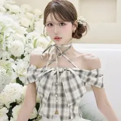 darich チェックリボンオフショルダートップス アイボリー 新品未使用品】Darich チェックリボン オフショルダートップス