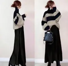 セットアップ　バイカラー　モノトーン　長袖　ぽわん袖　体型カバー　Aライン