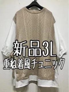 新品☆3L♪ベージュ系♪おしゃれ重ね着風チュニック☆w985