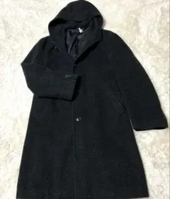 SPINASHメンズウールブラックロングコート　モヘア混　フード付き
