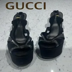 グッチ スエード×パテントレザー 厚底13cm オープントゥハイヒールサンダル