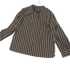 ストライプ 長袖シャツ ブラウン ノーカラー　S　オフィス
