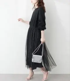 natural couture 異素材ドッキングチュールワンピース ブラック