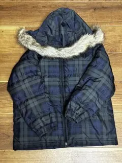 ネイビー系チェック ダウンコート ファー付き