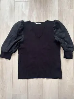 ブラック Vネックニット パフスリーブ　インデックス　シアー　五分袖　L 黒