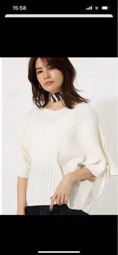 リブ編みレースアップ五分袖ニット