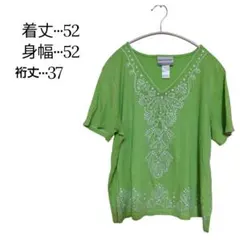 1点物✨alfred dunner 刺繍入りグリーンTシャツ 可愛い Vネック