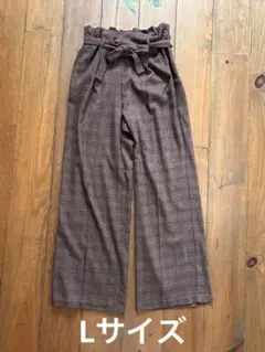 gu チェックワイドパンツ　リボンベルト　ブラウン　丈長め　L