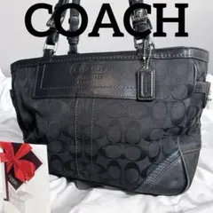美品✨COACH コーチ 黒ブラック シグネチャー キャンバス×レザー トート