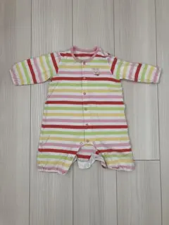 ミキハウス　ストライプロンパース ウサギ刺繍付き