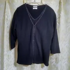 ビーズ装飾 Vネック 長袖カーディガン 半袖トップス　アンサンブル 黒