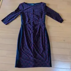 ローレンラルフローレン　七分袖ワンピース　ドレープ　幾何学　ネイビー　Mサイズ