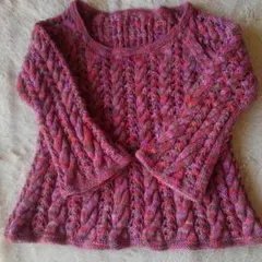 最終特別sale　手編み透かし模様Aラインセーター　ピンクローズ系