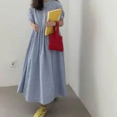 チェック柄 半袖シャツワンピース 青