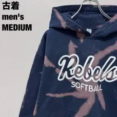 古着 GILDAN パーカー Rebels ブリーチ加工 タイダイ ネイビー M