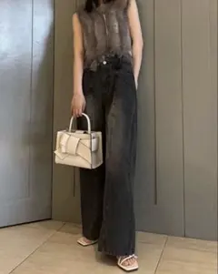 FRAY I.D アシメダブルウエストワイドデニムパンツ　ブラック