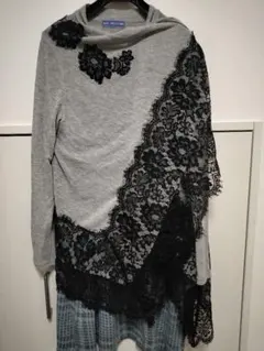 レーストリム付きカーディガン グレー/ブラック　サイズM〜ｌｌ